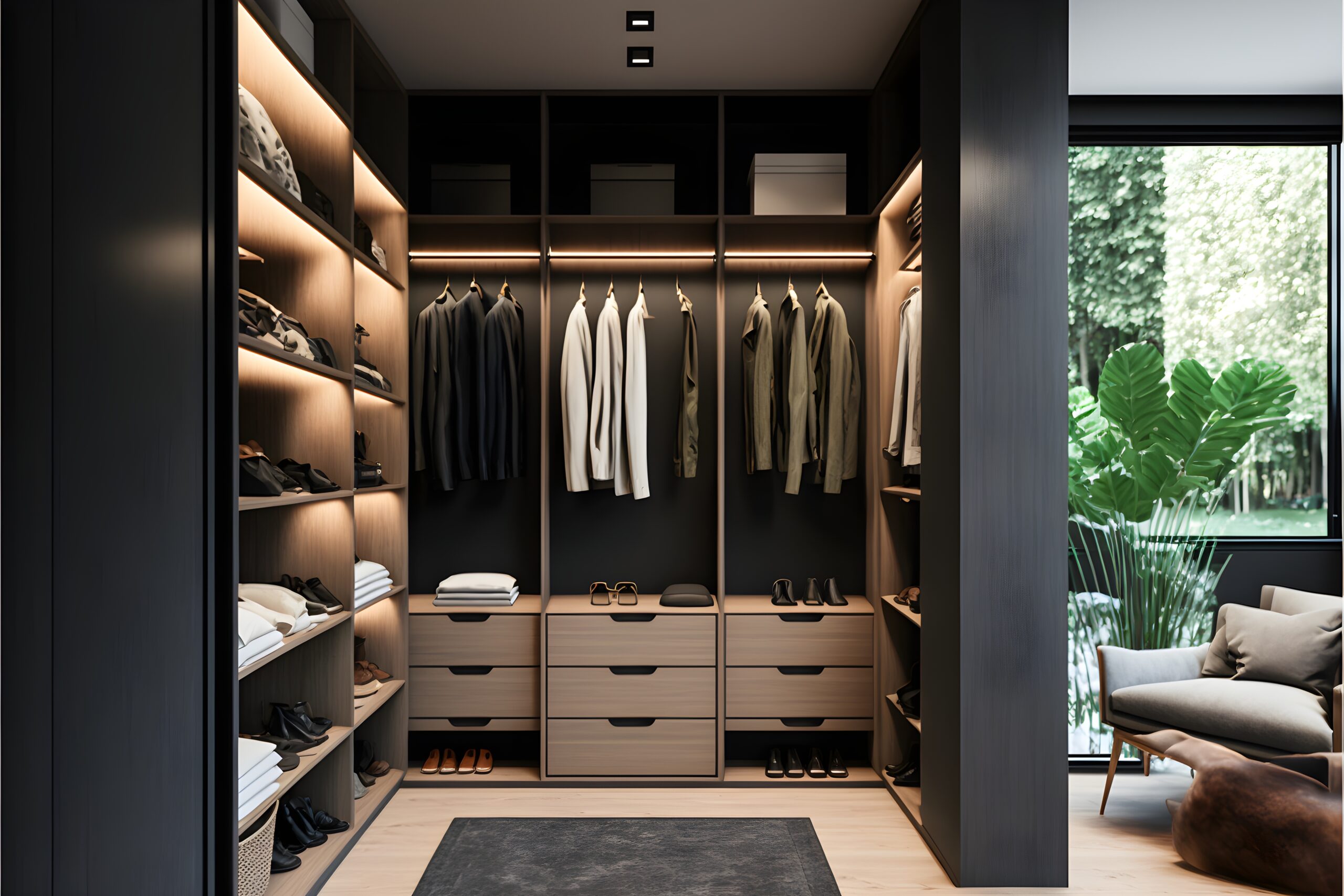Organized walk in closet. walk-in closet organization concept image.